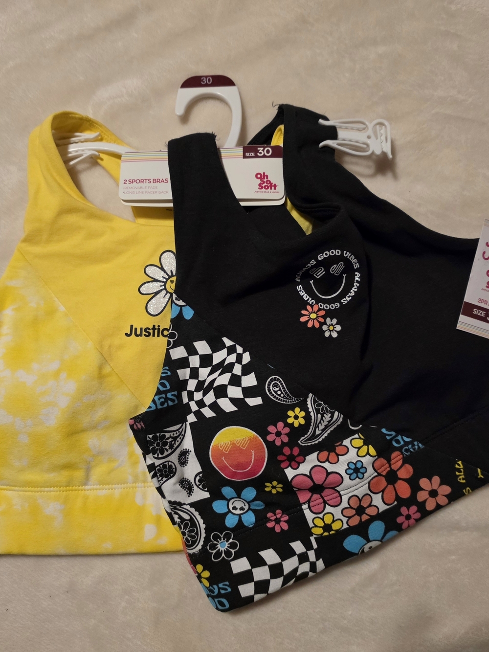 Justice Girls 2-Pack Sports Bras - Yellow Tie-Dye & Black Multicolor Patchwork